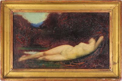 une peinture à l'huile représentant une femme nue allongée dans un champ recouvert d'herbe