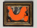 peinture représentant un oiseau orange et noir sur un mur blanc