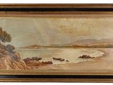 an oil painting of a beach scene with boats in the water