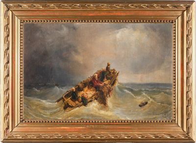 une image représentant un tableau où l'on voit un homme dans un bateau en pleine mer