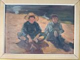 a painting of two children sitting on the beach