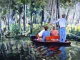 tableau représentant deux hommes dans une barque sur une rivière, entourés d'arbres