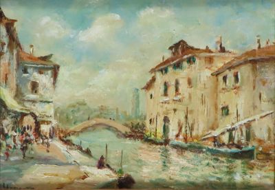peinture représentant un tableau représentant un canal avec un pont en arrière-plan