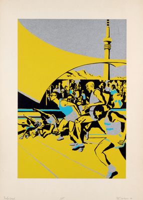 un tableau représentant un groupe de personnes courant sur une piste