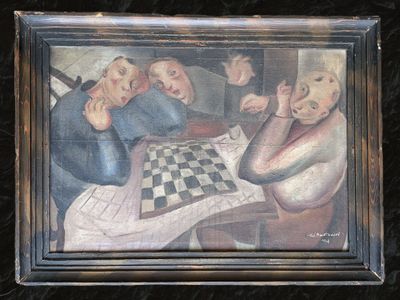 a painting of a group of people playing a game of checkers