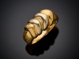 an image of a gold ring with a striped design on it