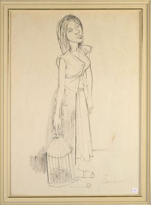 dessin représentant une femme tenant une cage à oiseaux à la main