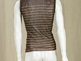 a mannequin wearing a brown striped shirt on a mannequin stand
