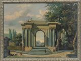 tableau représentant un tableau d'un parc avec une fontaine et un chien