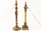 pair of antique brass candlesticks on marble bases