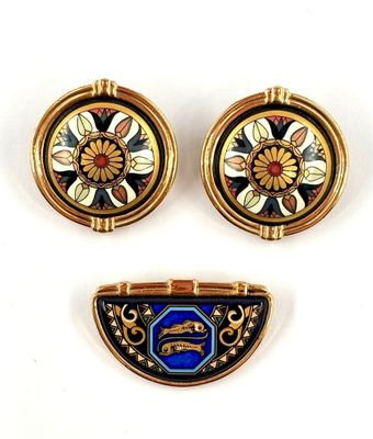 three pieces of art nouveau enamel and gold - plated jewelry