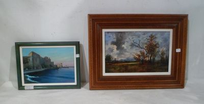 painting of a river and a picture of a city in a wooden frame