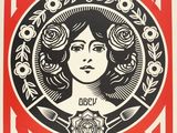 une affiche rouge et blanche avec le visage d'une femme au centre