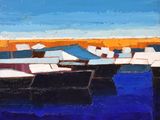 une peinture à l'huile représentant des bateaux dans un port par une journée ensoleillée