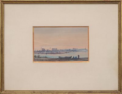 an image of a picture of a painting of a city by the water