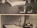 two pictures of a bedroom with a bed and a table