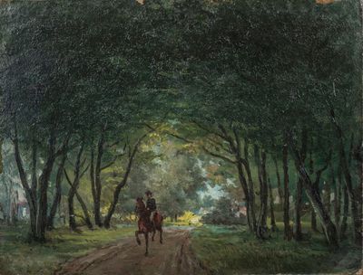 un tableau représentant deux personnes à cheval sur un chemin de terre