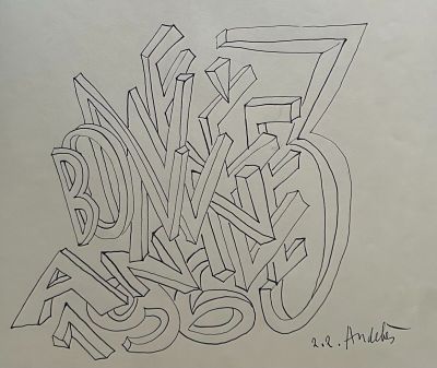 drawing of a drawing of some type of lettering on a piece of paper