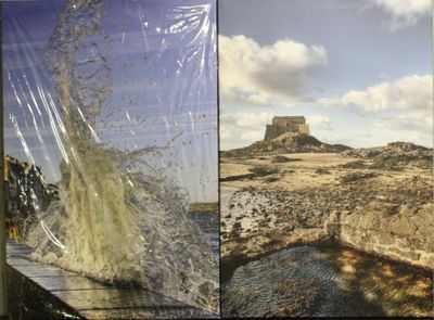 deux photos représentant une montagne et un plan d'eau, avec un château en arrière-plan