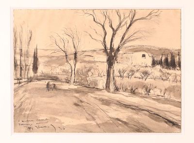 drawing of a landscape with trees and a road in the foreground