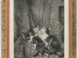 a black and white drawing of a dog and a cat on a chair