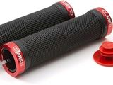 a pair of red grips for a motorcycle with a white background