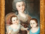 an old painting of a woman and two children in a chair