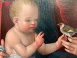 a painting of a baby holding a bird in his hand