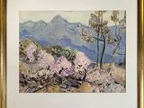 framed watercolor painting of a mountain scene with trees and rocks