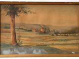 painting of a landscape with a tree and a house in the distance