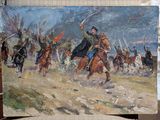 a painting of a painting of a man on a horse