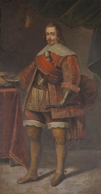 un vieux tableau représentant un homme vêtu d'un manteau rouge et tenant une épée