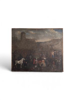 une image représentant un tableau où l'on voit un groupe de personnes avec des chevaux