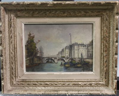 une image d'une peinture représentant un pont sur une rivière