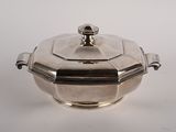 an antique silver plate covered casserole with a lid