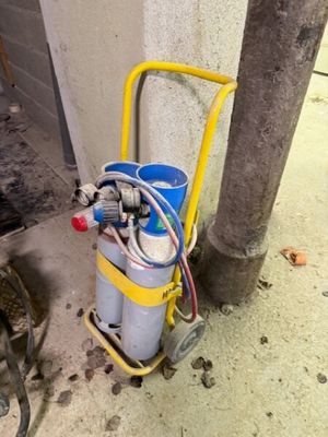 a cat that is standing next to a gas can