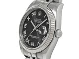 rolex stainless steel black roman numeral watch with black dial