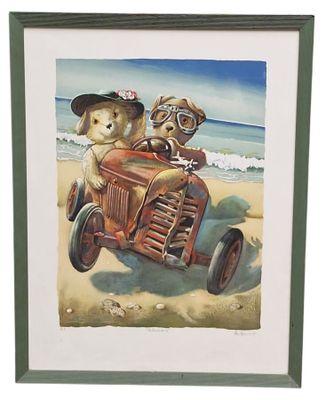 un tableau représentant deux chiens au volant d'une voiture sur la plage