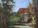 une peinture à l'huile d'une maison dans une zone boisée avec des arbres