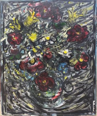 a painting of flowers in a vase on a table