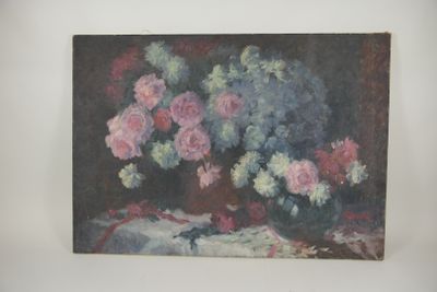 a painting of flowers in a vase on a table