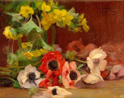 un tableau représentant un bouquet de fleurs posé sur une table