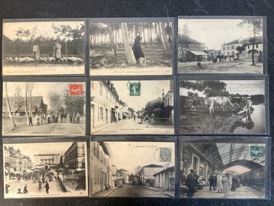 several old black and white photographs of people and horses on a street