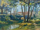 une peinture à l'huile représentant un pont enjambant une rivière, entouré d'arbres