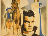 une vieille affiche de cinéma représentant un homme à cheval aux côtés d'une femme à cheval