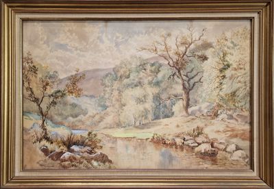 une image représentant un tableau représentant un paysage avec des arbres et un ruisseau