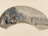peinture d'un groupe de personnes se tenant sur une plage près d'une étendue d'eau