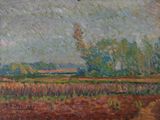 an oil painting of a field with a bird flying over it