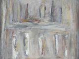 an oil painting of a shelf with candles on top of it