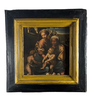 un vieux tableau représentant une femme tenant un enfant dans ses bras et un homme tenant un bébé
